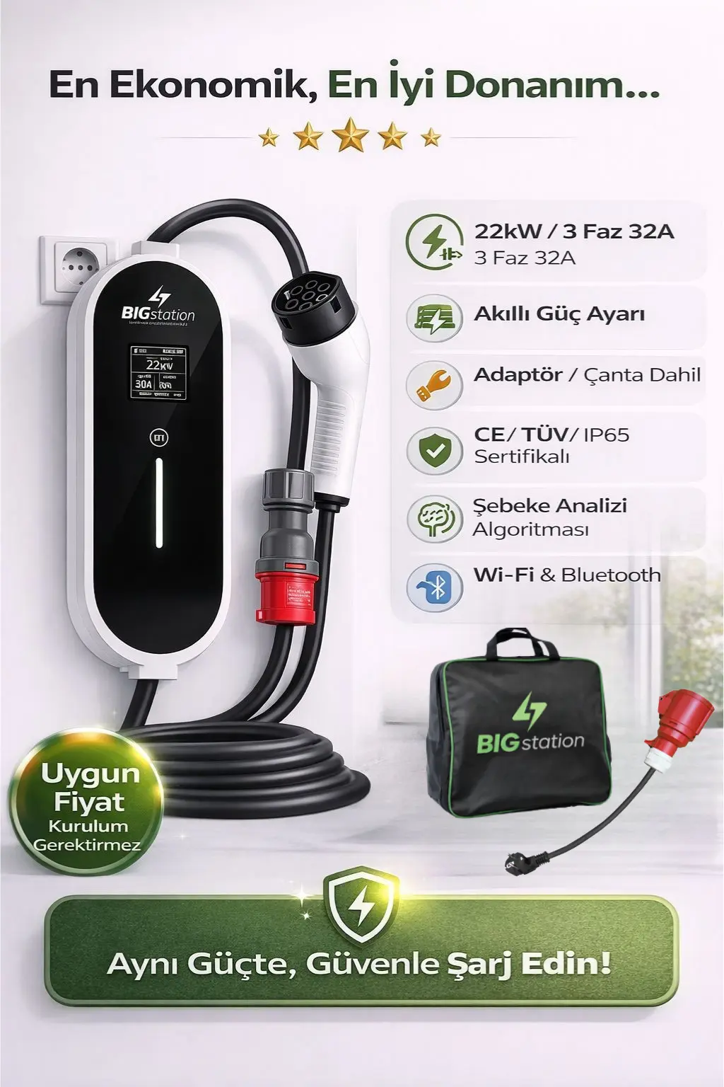 BIGstation 22kW Taşınabilir Akıllı EV AC Şarj Cihazı Wi-Fi Destekli (5 Metre) görsel 2