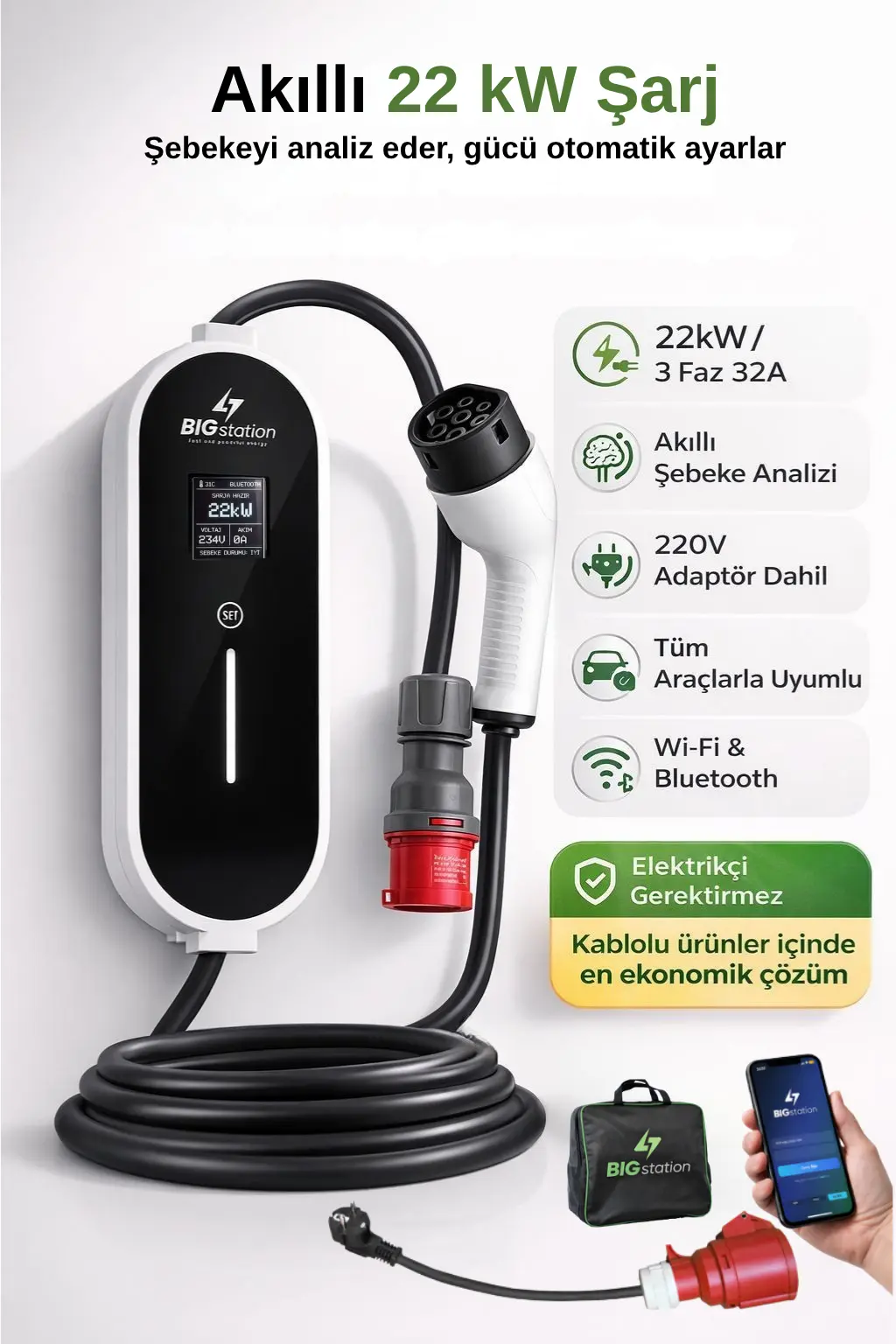 BIGstation 22kW Taşınabilir Akıllı EV AC Şarj Cihazı Wi-Fi Destekli (5 Metre) görsel 4